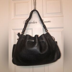 Kate Spade Drawstring Hobo Bag Black Pebbled Leather White Stitching